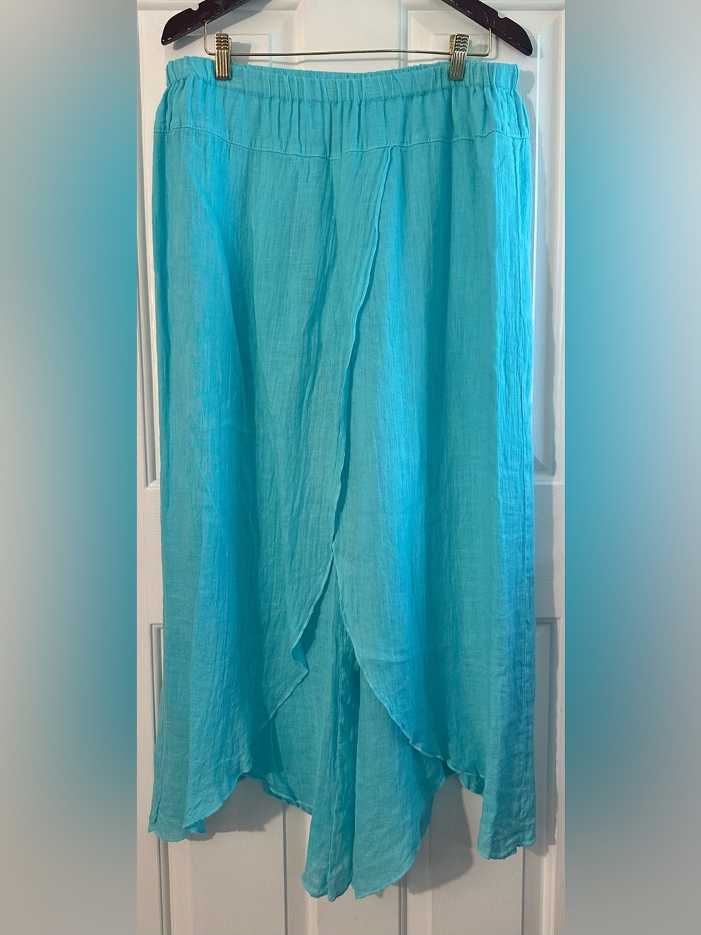 CLICK XL MADE USA Linen Turquoise Gaucho Pants Tulip Hem Resort Coastal Beachy